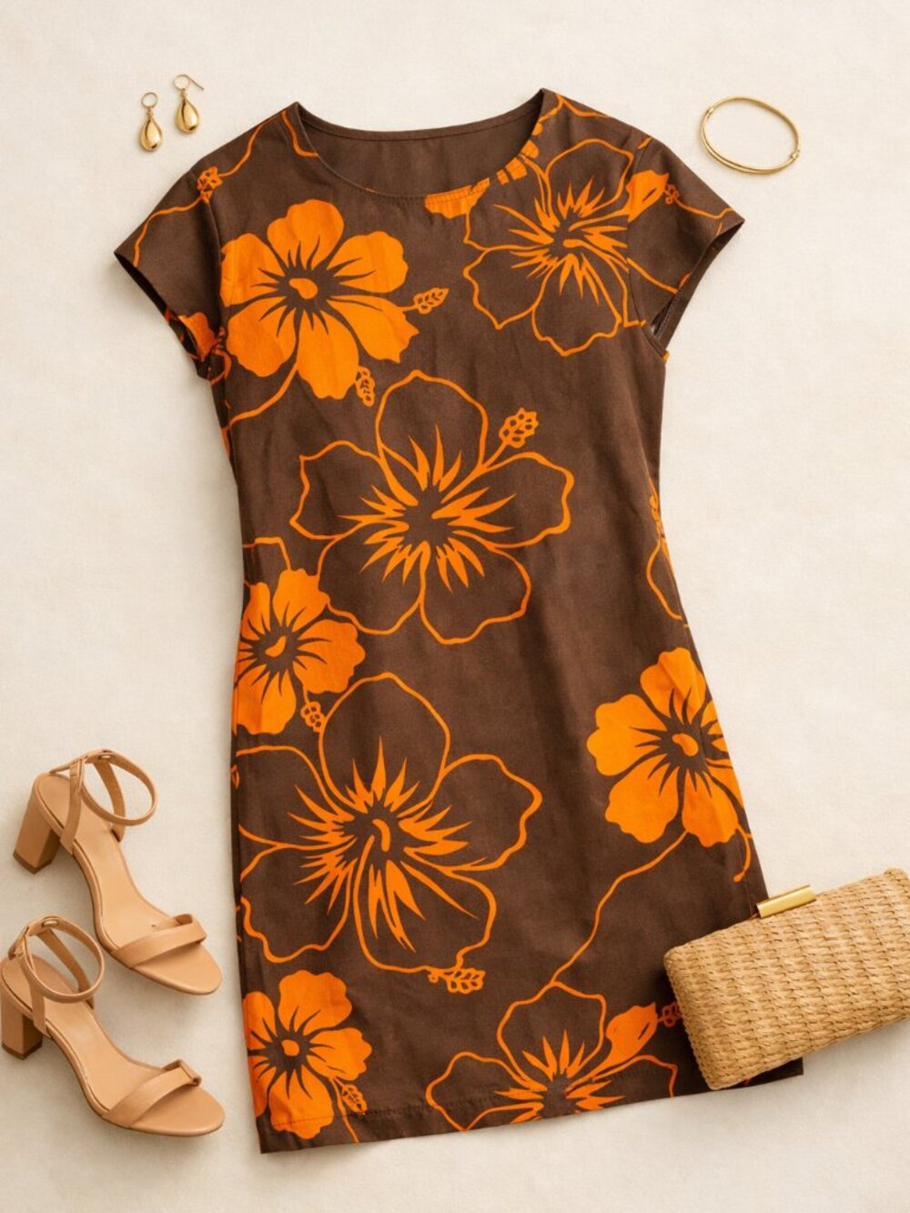 noi  Hibiscus Print Capped Sleeved  Summer  Dress with Pockets  Size S